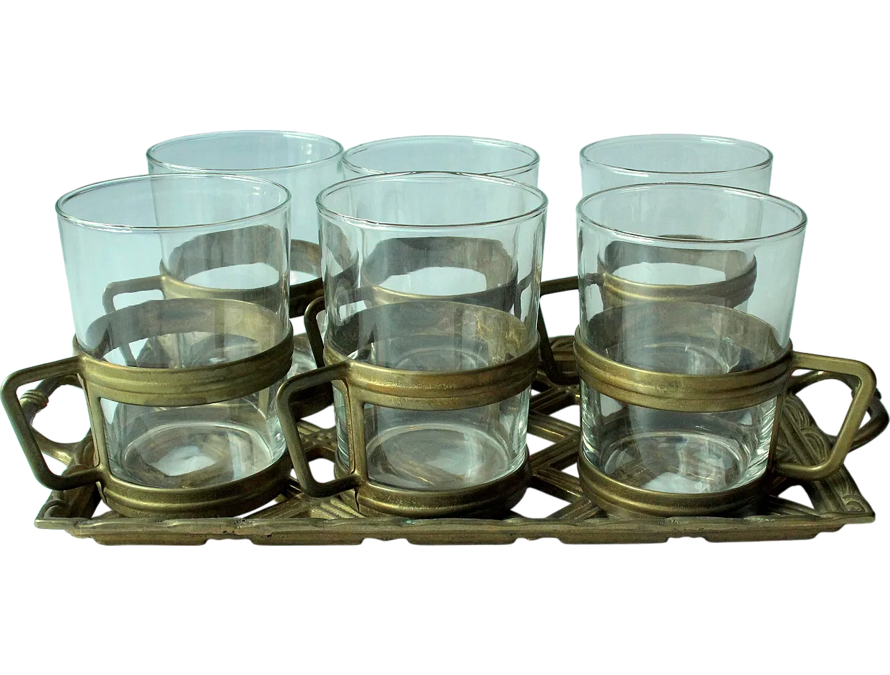 6 Brass and glass tea cups on a brass tray, 90s 9