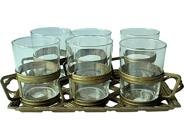 6 Brass and glass tea cups on a brass tray, 90s