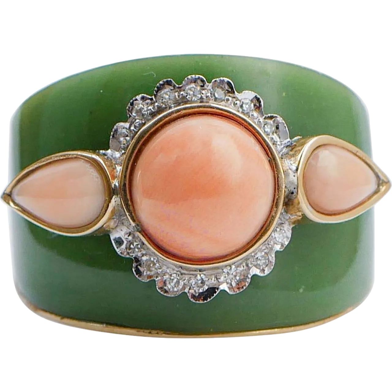 Ring with green enamel, coral, diamonds and pink gold, 1970s 6