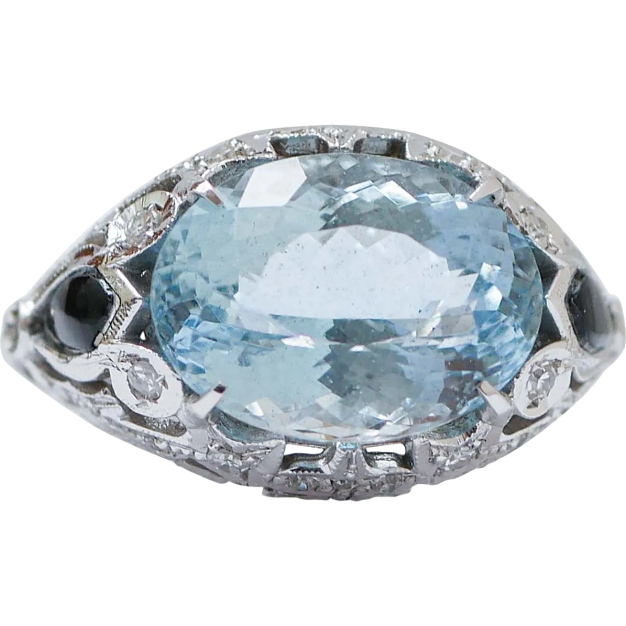 Anello in oro con acquamarina, topazio, diamanti, onice, anni '70 6