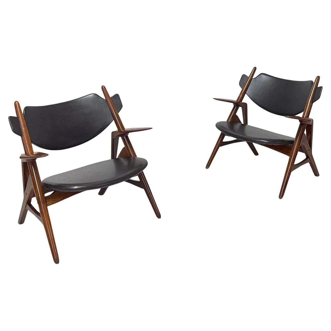 Pair of wooden and leather armchairs by Hans Wegner, 1950s 1