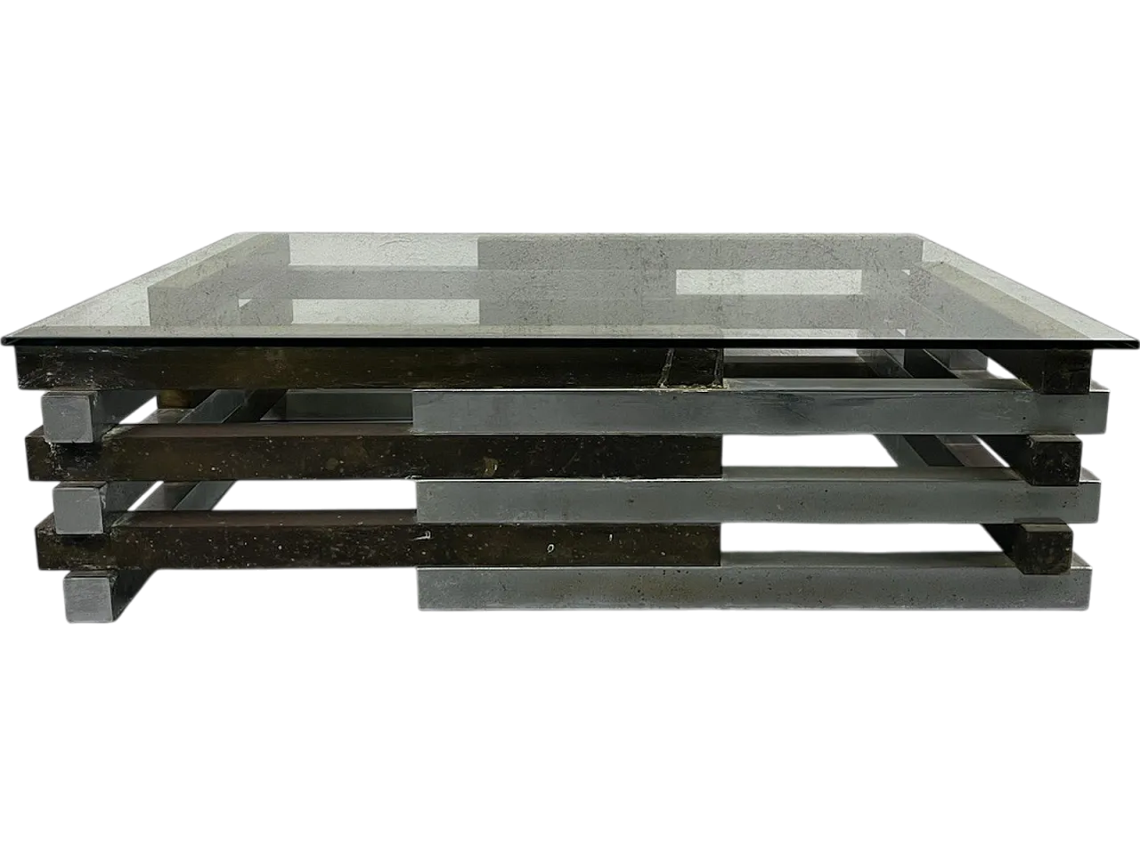 Tavolino da salotto in acciaio, ottone e vetro di Romeo Rega, anni '70 14