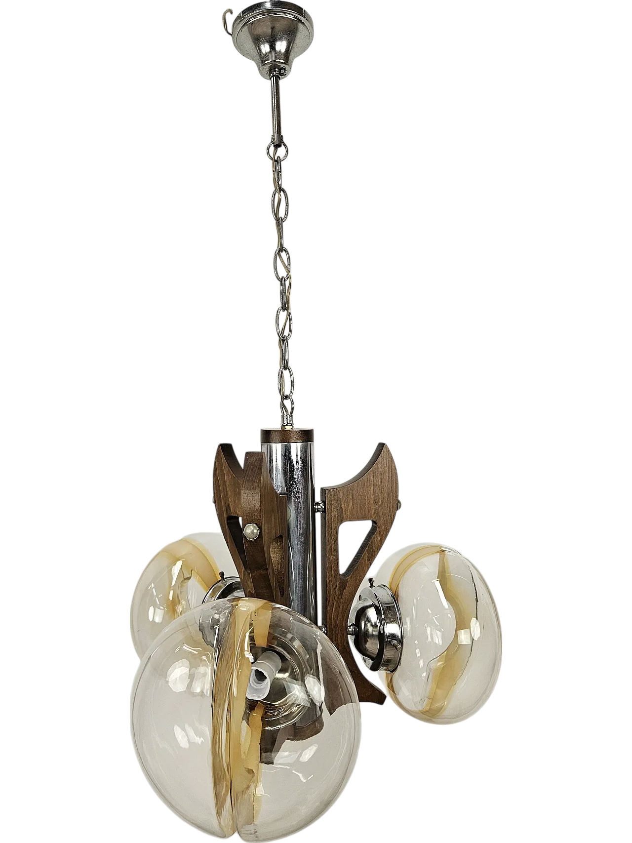 Metal wood chandelier with three glass ceiling lights, 70s 13