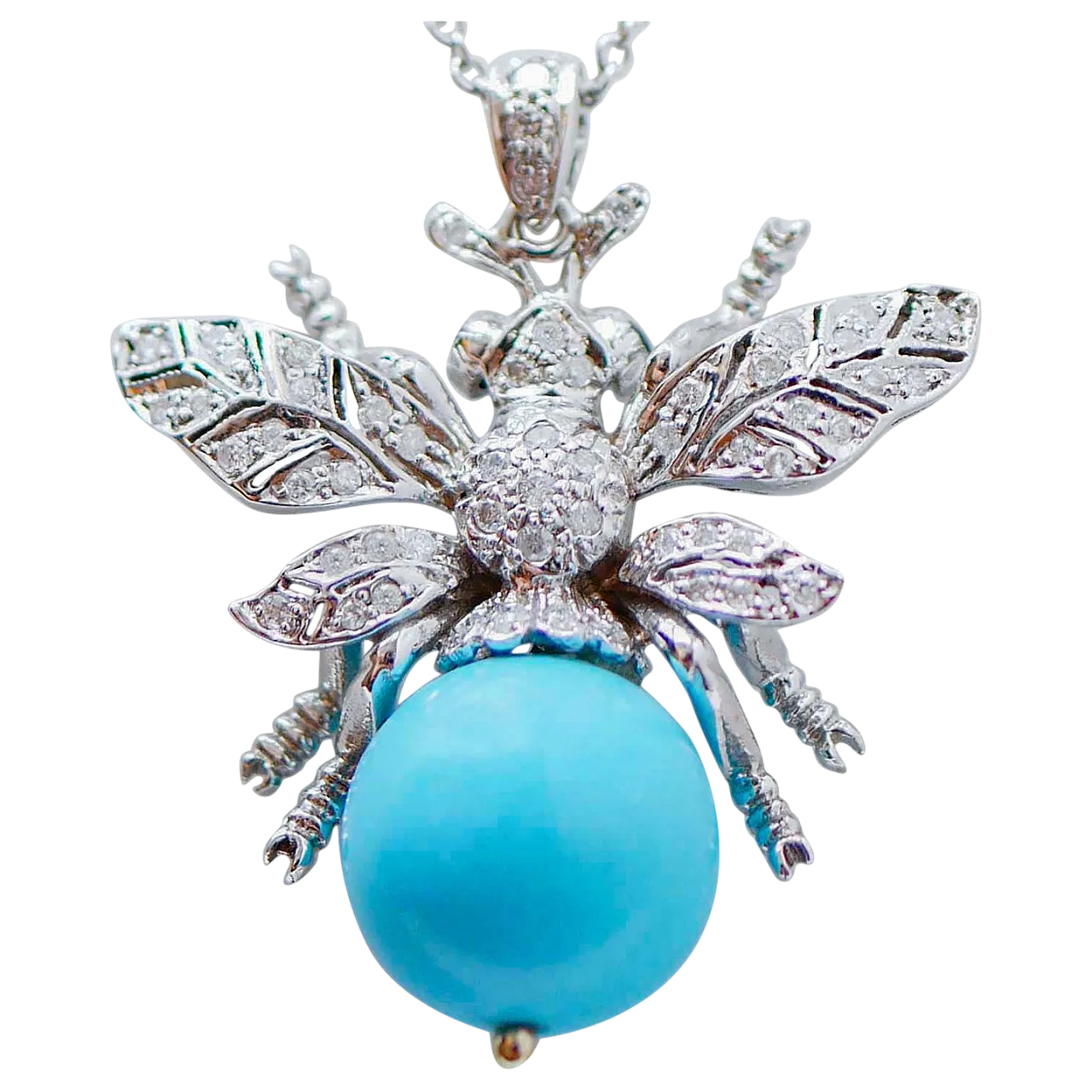 Magnesite, diamanti, zaffiri, ciondolo Fly in oro bianco, anni '70 7