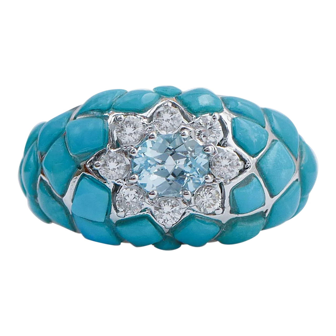 Gold ring with aquamarine, topaz, diamonds, turquoise, 1970s 6