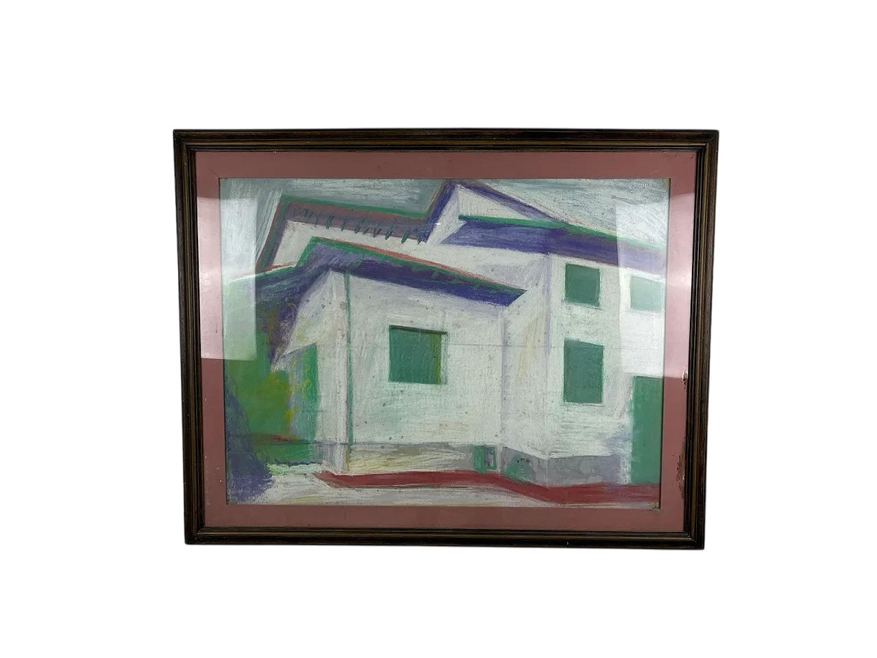Paesaggio con casa rosa, dipinto cubista, anni '80 12