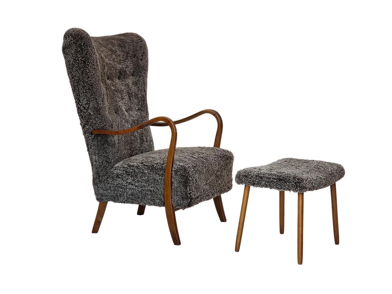 Reupholstered Danish armchair with stool sheepskin, 1960s 20