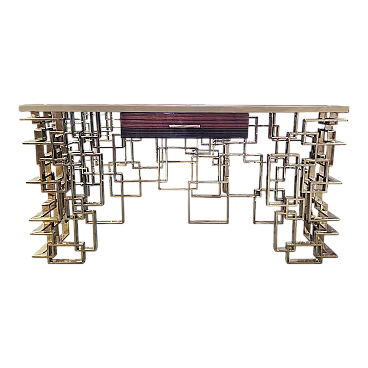 Consolle bifacciale in acciaio cromo-oro e top in radica