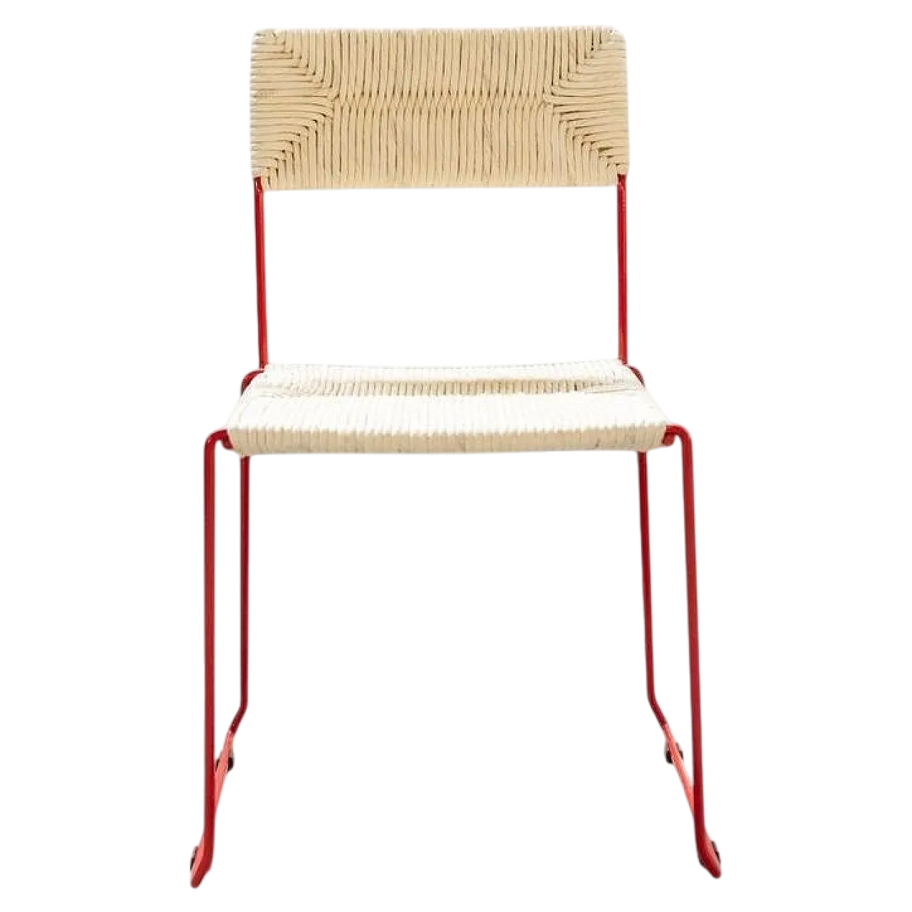 6 Bold Red Iron & Natural Straw Dining Chairs, 2000s 21