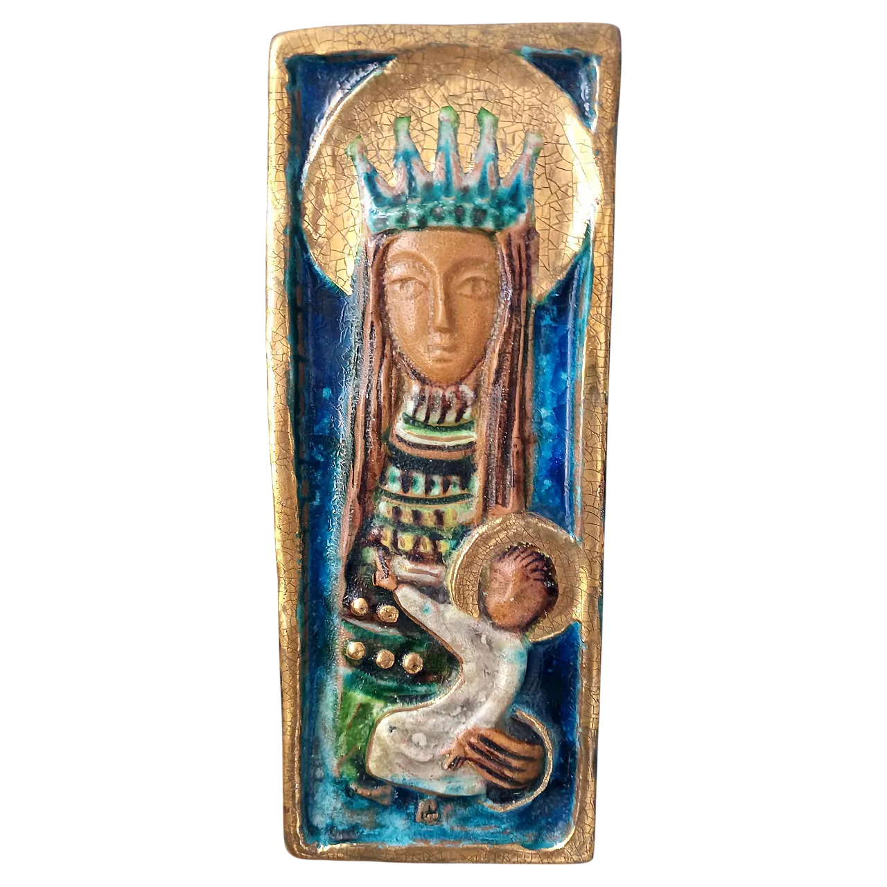 Holy Mary and Jesus Hand-Painted Ceramic Panel, 50s 15
