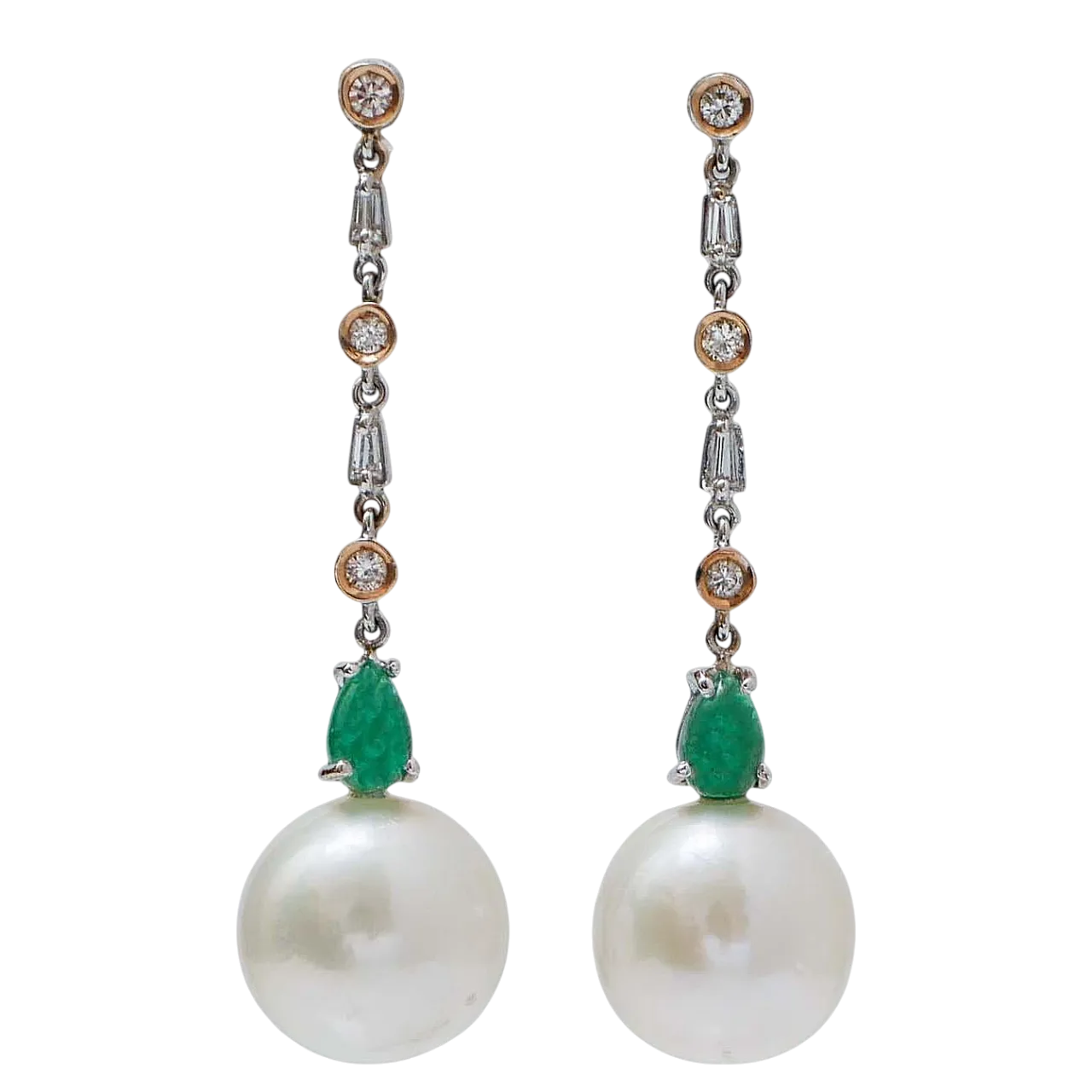 Orecchini oro bianco e oro rosa, perle, smeraldi, diamanti, anni '80 6
