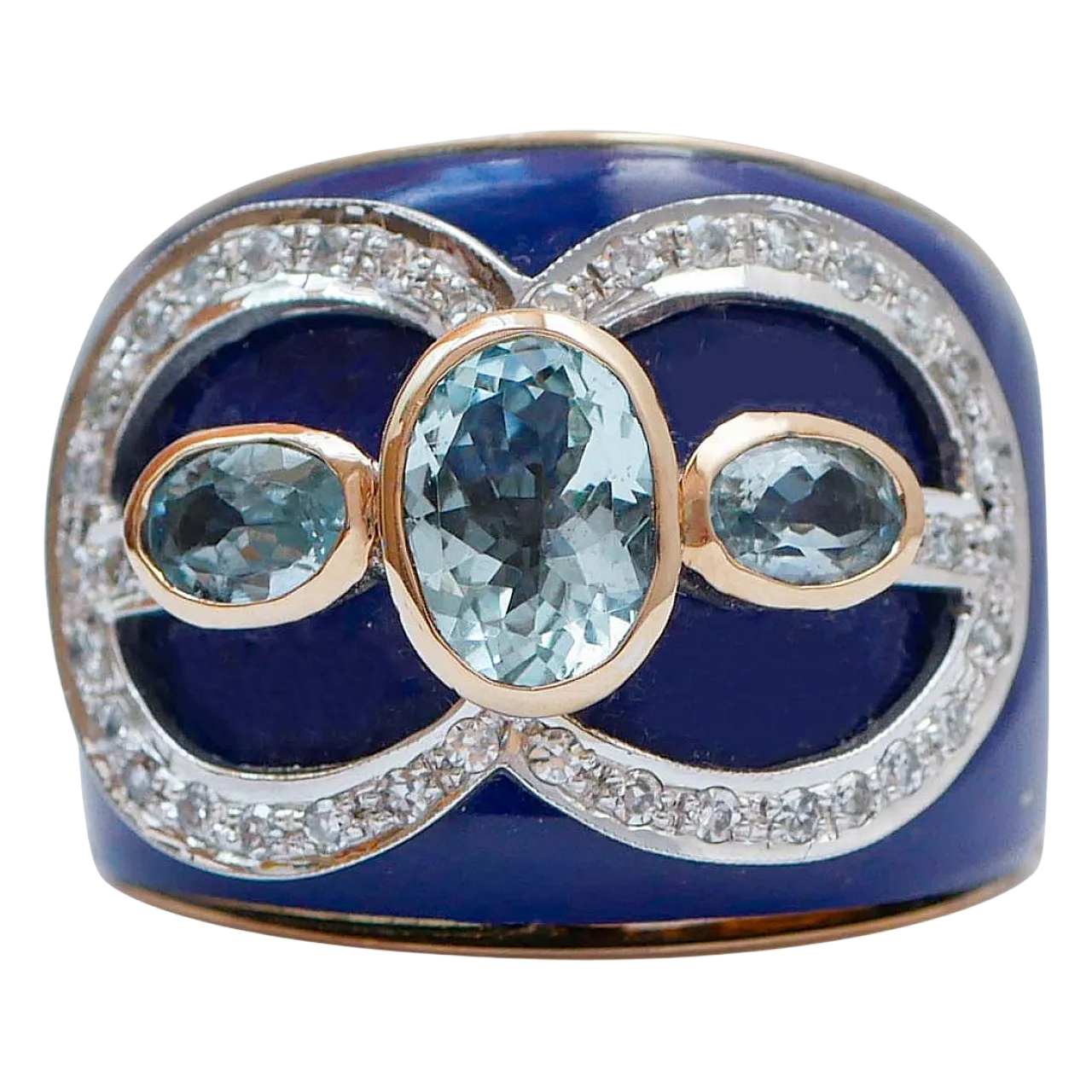 Anello in oro rosa con acquamarina, lapis e diamanti, anni '70 6