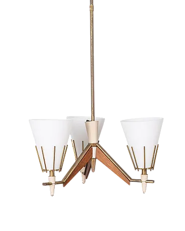 Lampada a sospensione in legno e vetro opalino, anni '50
