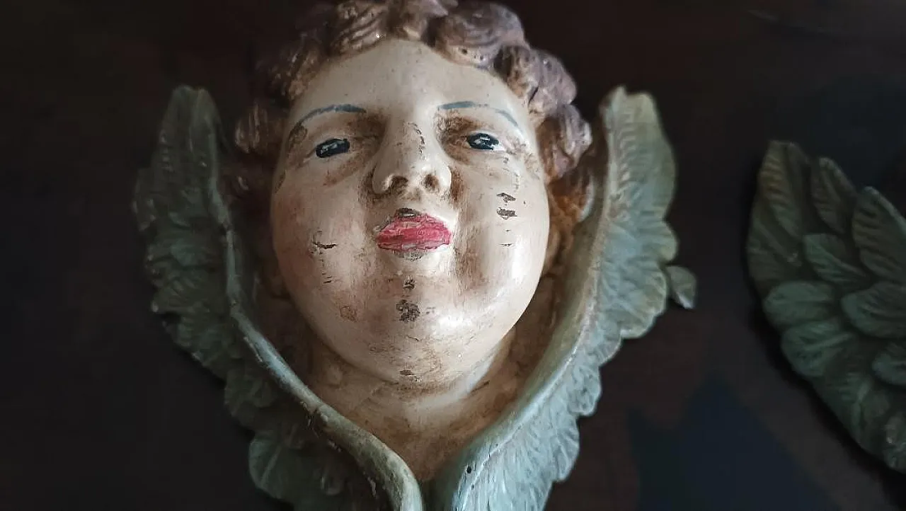 Coppia di volti d'angelo in gesso e legno policromo, fine '800 4