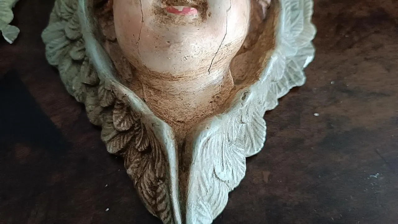 Coppia di volti d'angelo in gesso e legno policromo, fine '800 5