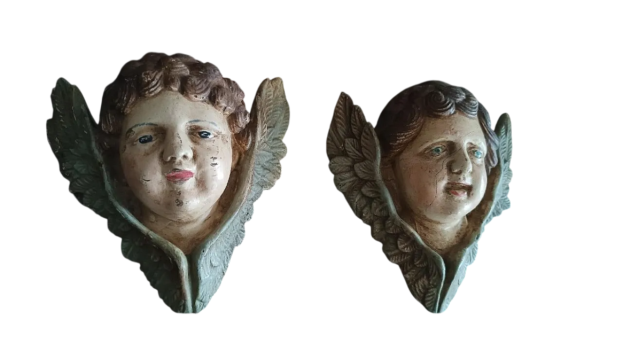 Coppia di volti d'angelo in gesso e legno policromo, fine '800 8