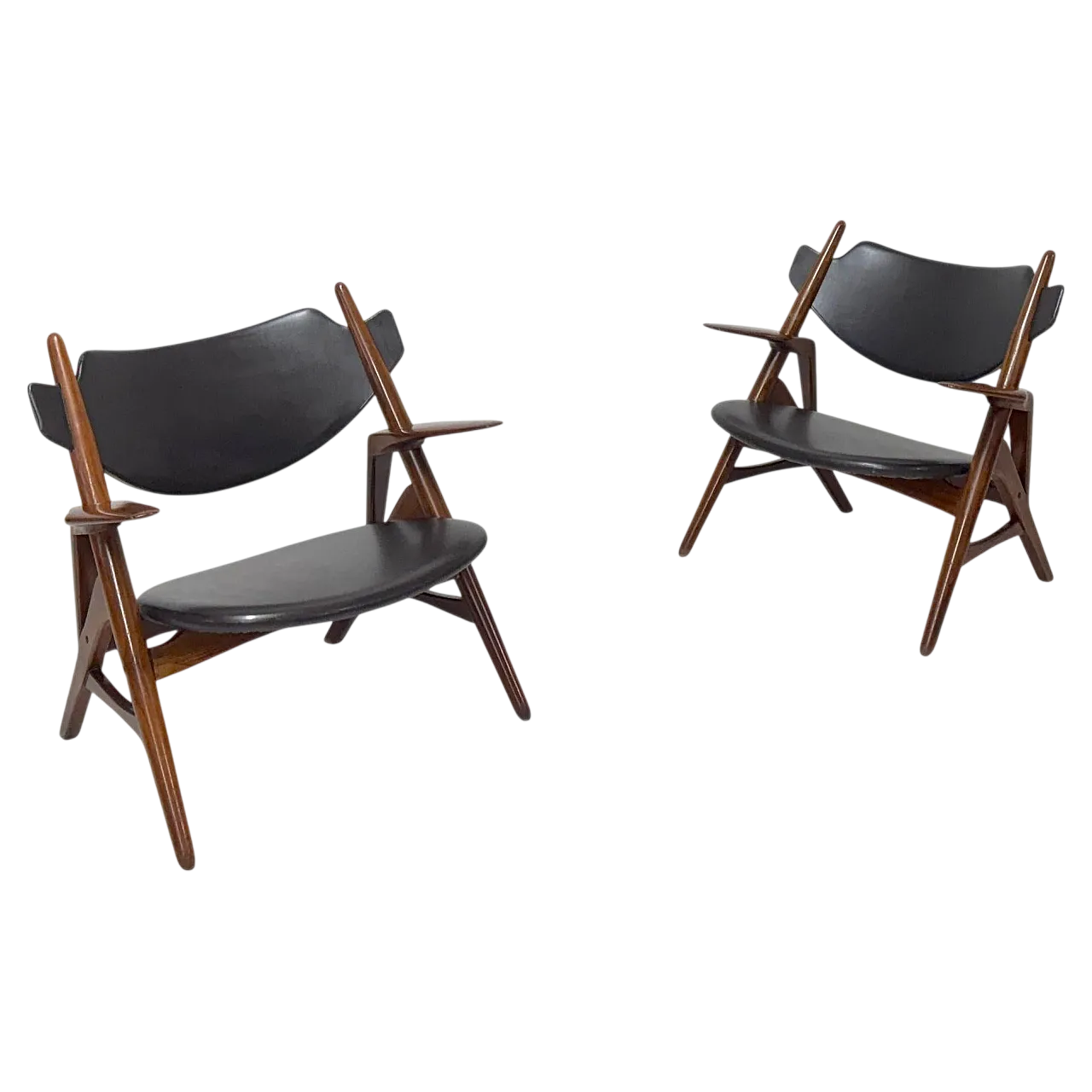 Pair of wooden and leather armchairs by Hans Wegner, 1950s 21