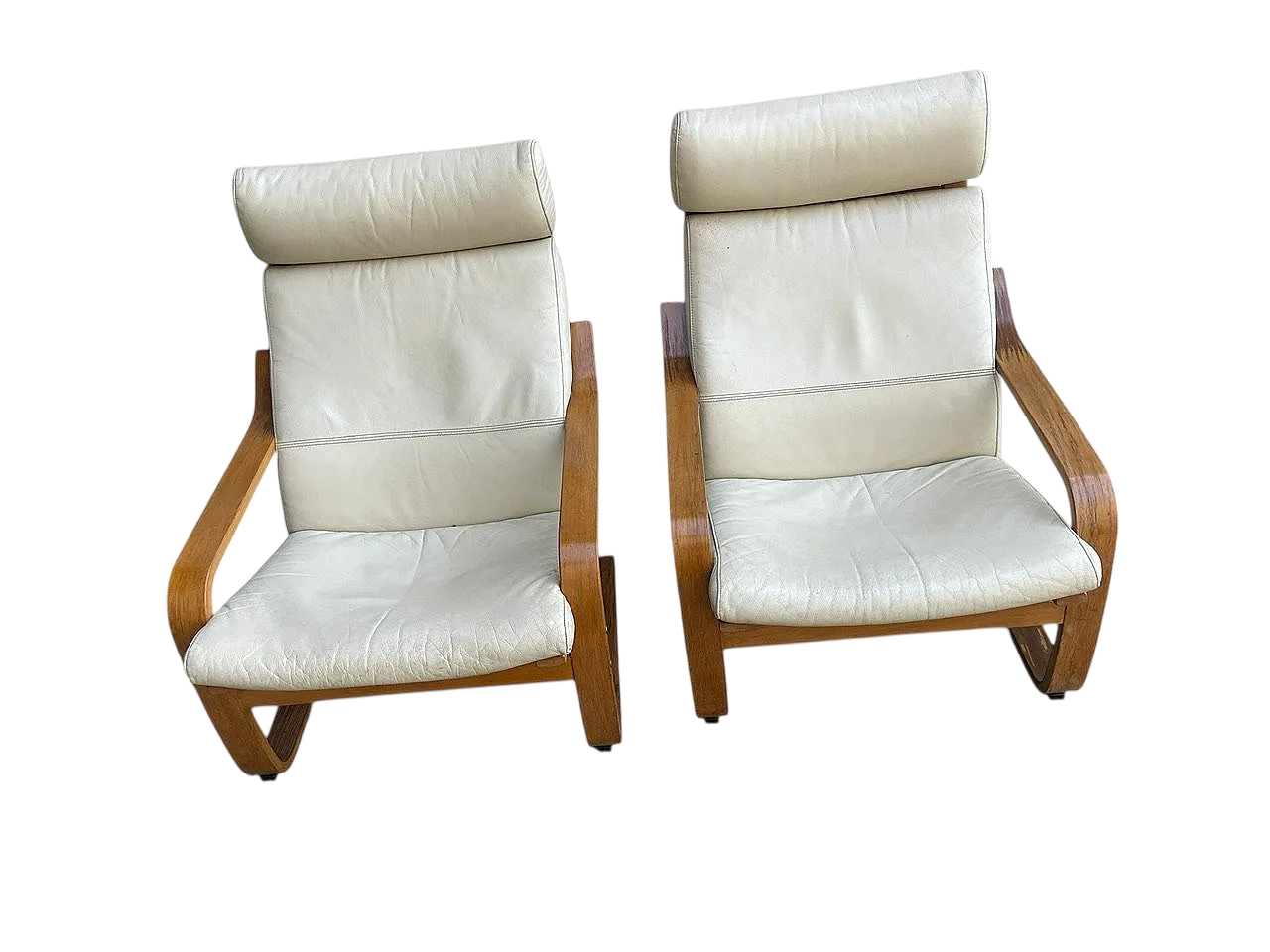 Coppia di poltrone in legno e pelle Poang di Ikea, anni '90 9