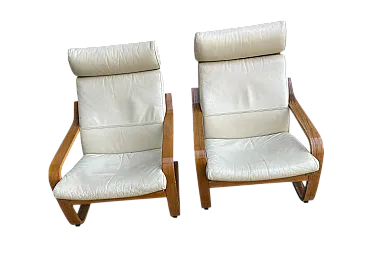 Coppia di poltrone in legno e pelle Poang di Ikea, anni '90