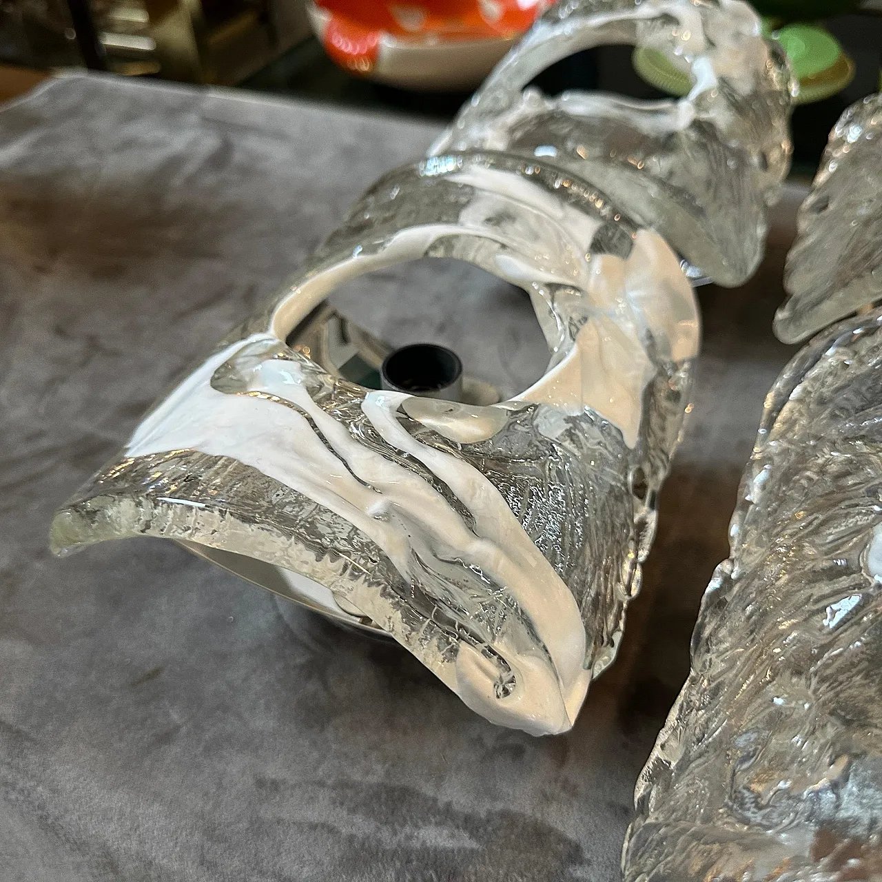 Coppia di applique in vetro di Murano e acciaio di Mazzega, anni '70 2