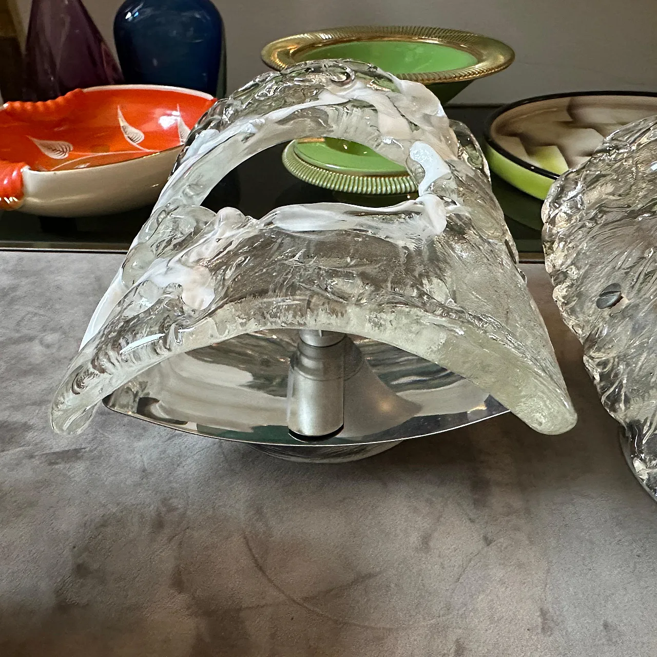 Coppia di applique in vetro di Murano e acciaio di Mazzega, anni '70 8