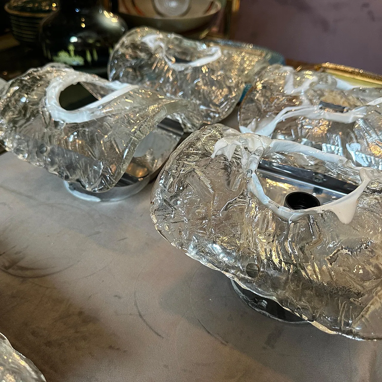 Coppia di applique in vetro di Murano e acciaio di Mazzega, anni '70 11
