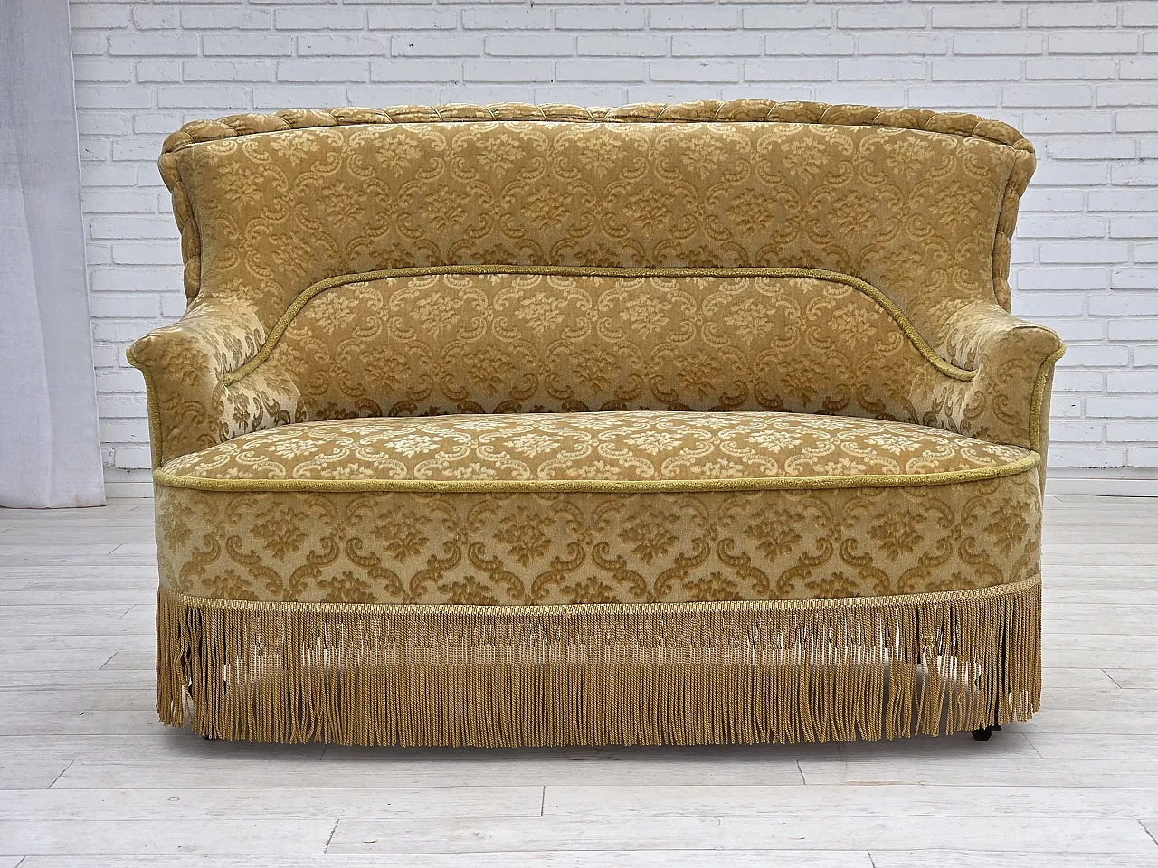 Danish 2-seater sofa, green damask velvet with fringe, 1950s 1