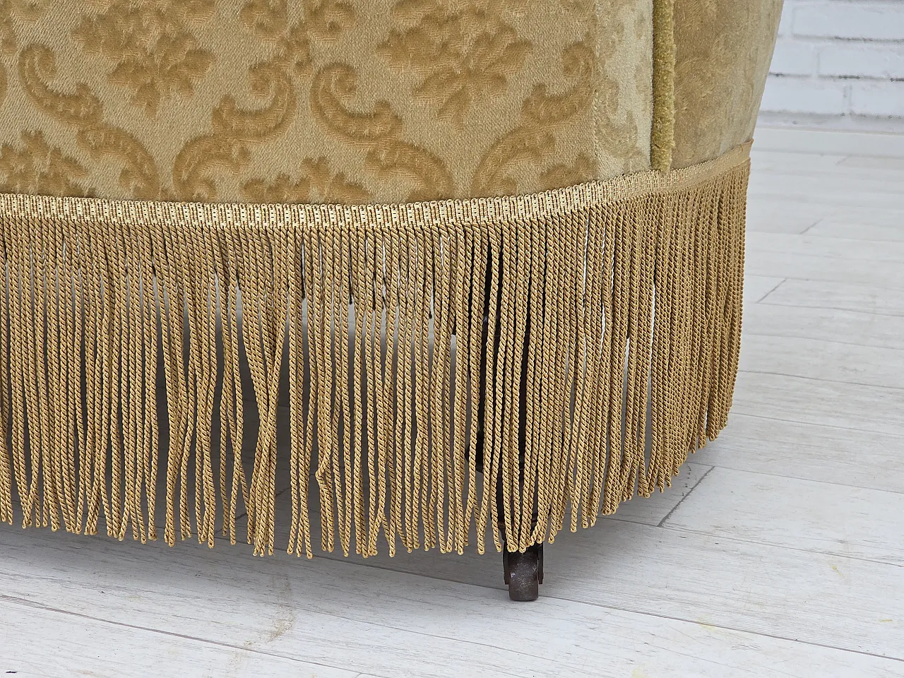 Danish 2-seater sofa, green damask velvet with fringe, 1950s 2