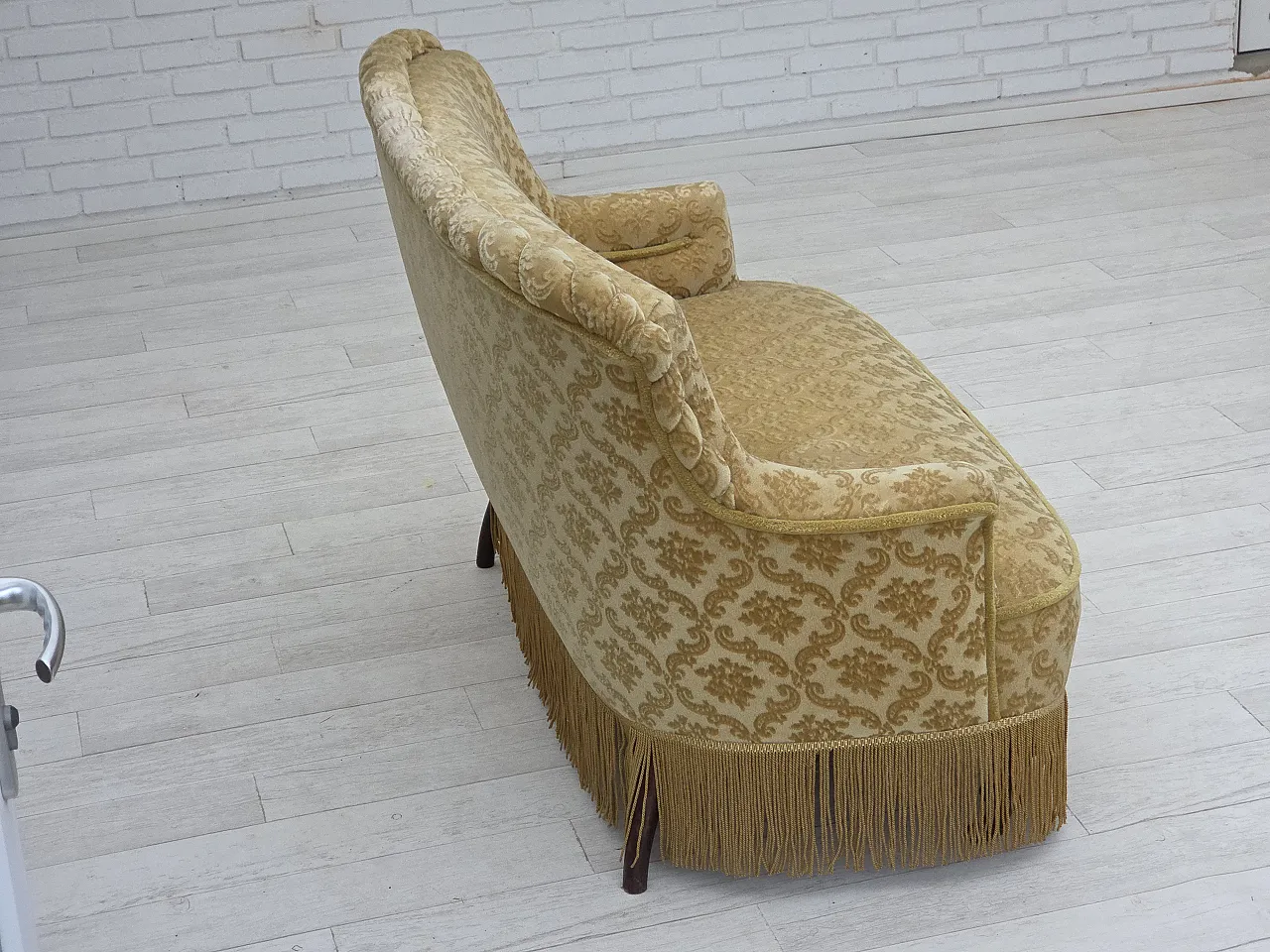 Danish 2-seater sofa, green damask velvet with fringe, 1950s 12