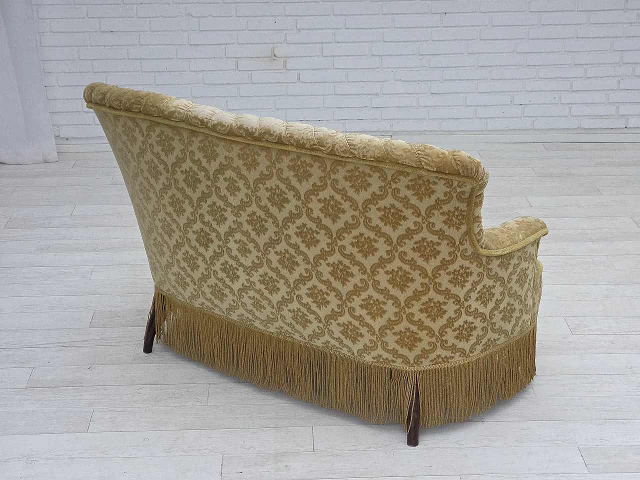 Danish 2-seater sofa, green damask velvet with fringe, 1950s 13