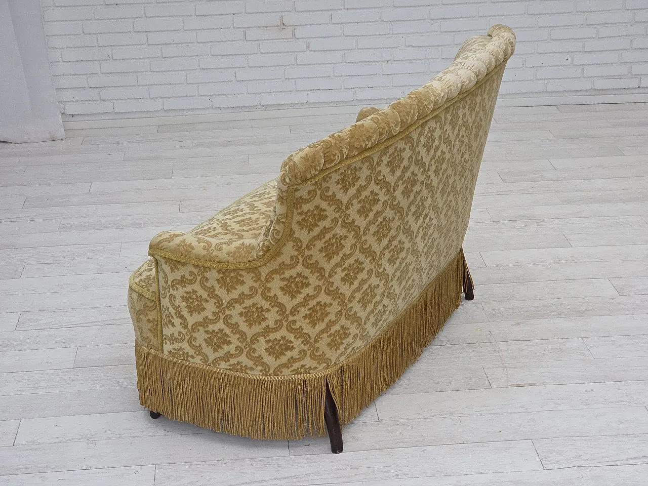 Danish 2-seater sofa, green damask velvet with fringe, 1950s 15