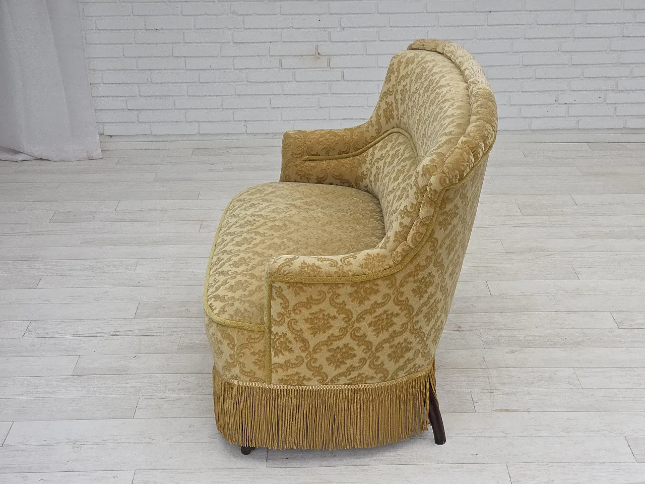 Danish 2-seater sofa, green damask velvet with fringe, 1950s 16