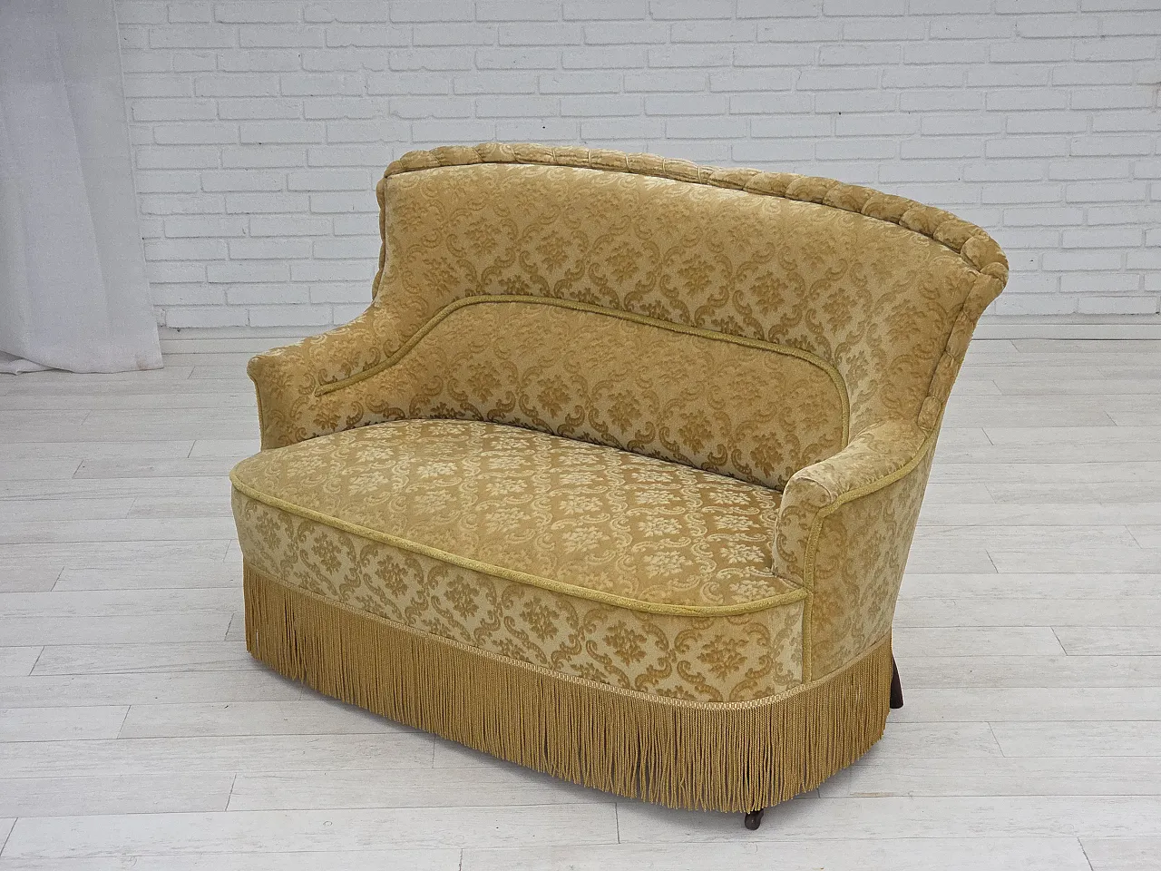 Danish 2-seater sofa, green damask velvet with fringe, 1950s 18