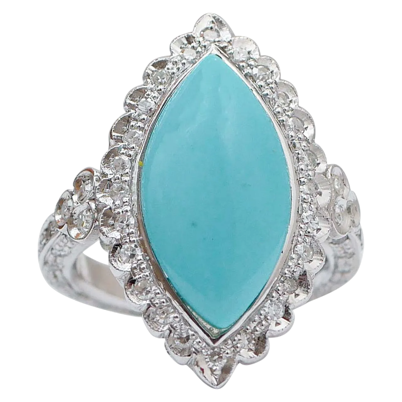 Turquoise, diamonds, platinum retrò ring, 1970s 6
