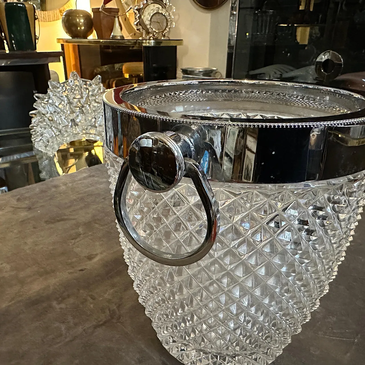 Raffreddatore per vino in cristallo e argento, anni '80 5
