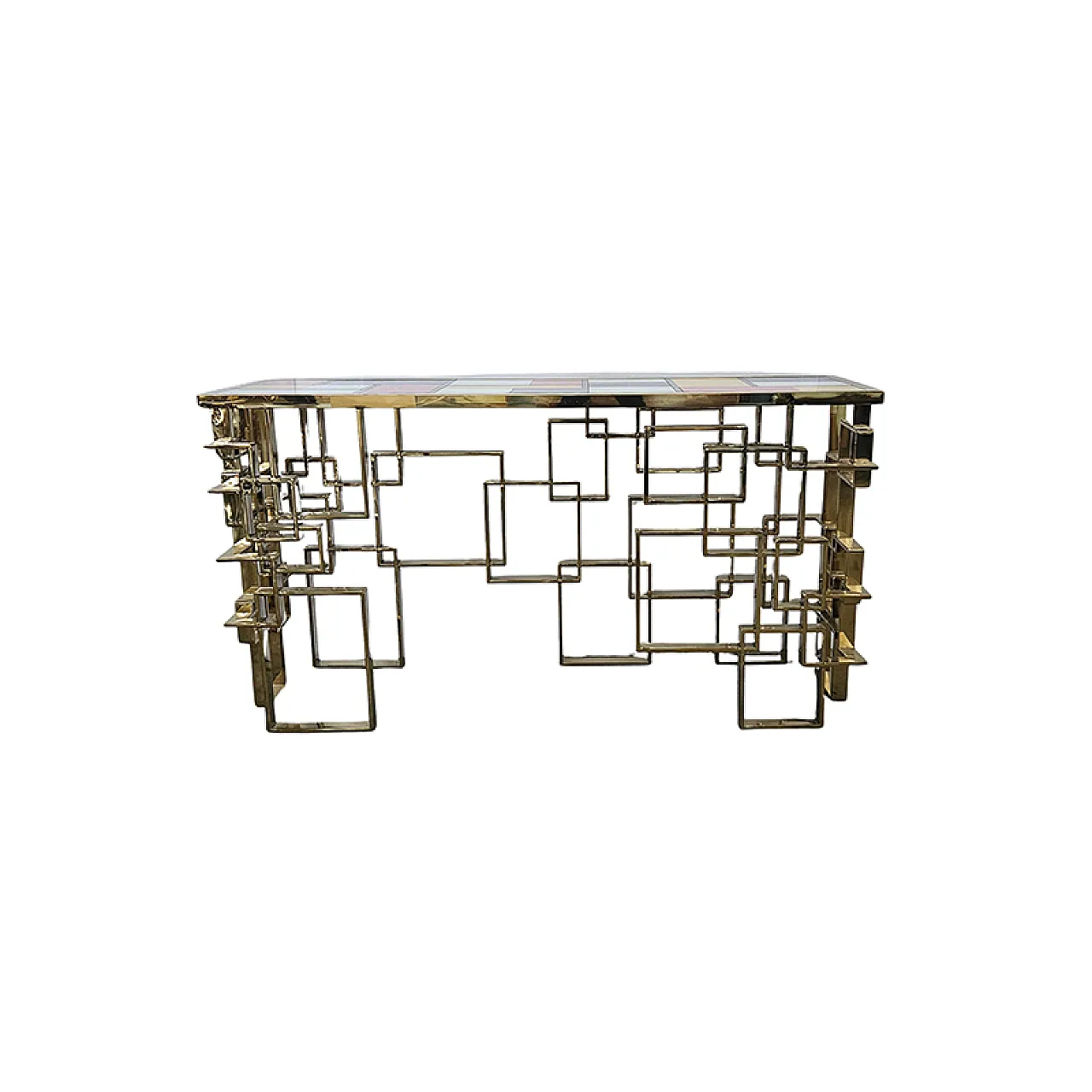 Consolle da centro in acciaio dorato e top in vetro di Murano, '900 1