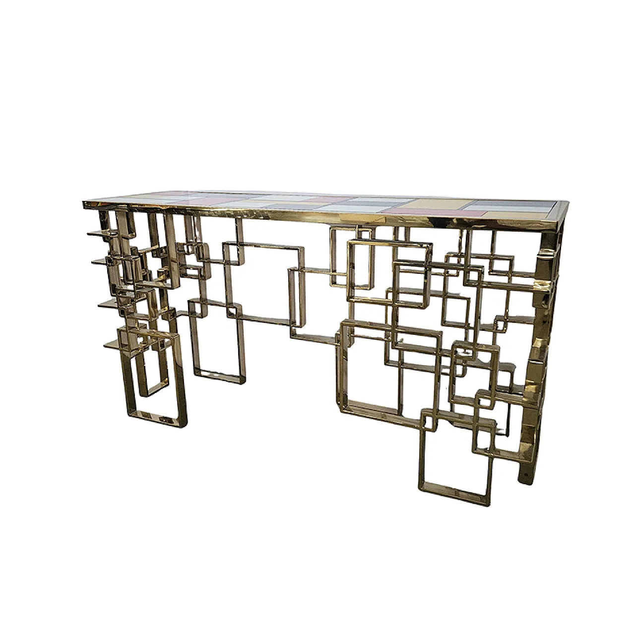 Consolle da centro in acciaio dorato e top in vetro di Murano, '900 4