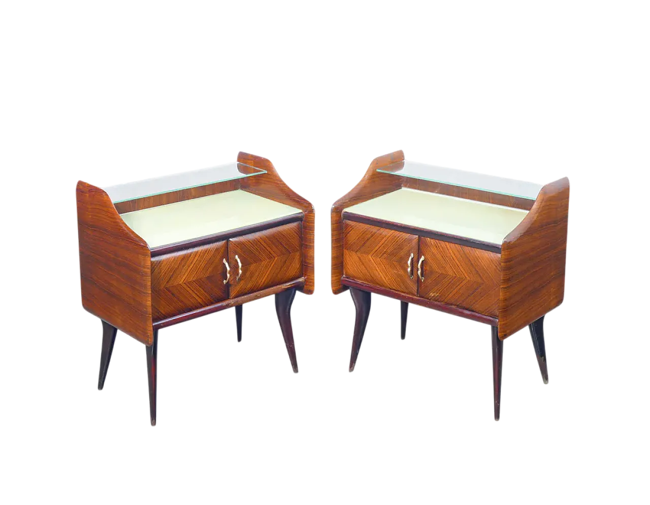 Coppia di comodini in legno e vetro, anni '40 10