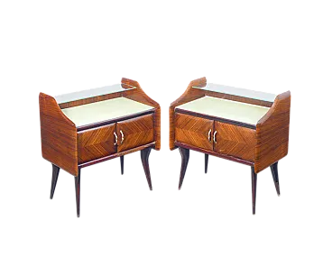 Coppia di comodini in legno e vetro, anni '40