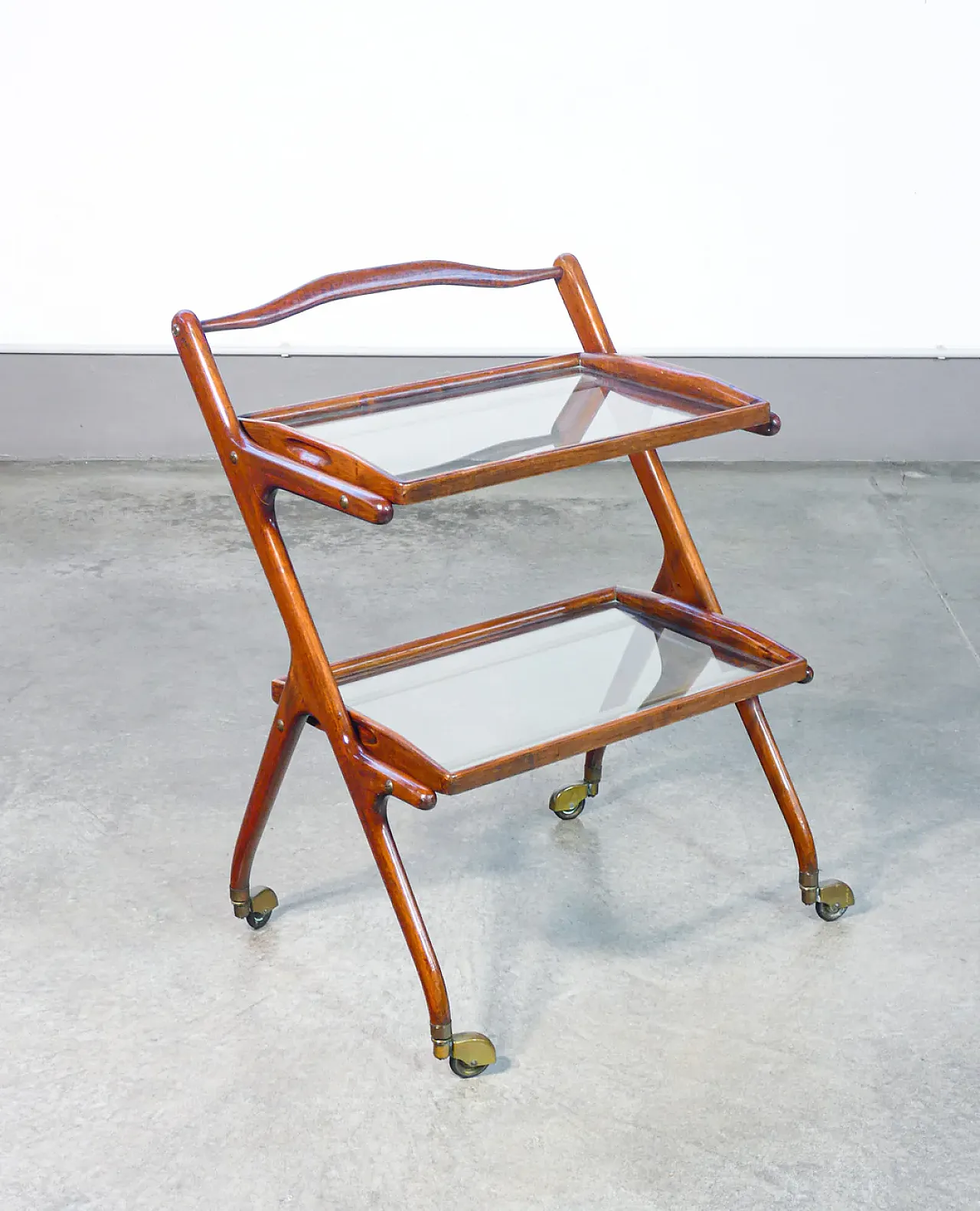 Carrello portavivande in legno, ottone e vetro di Ico Parise, anni '50 1