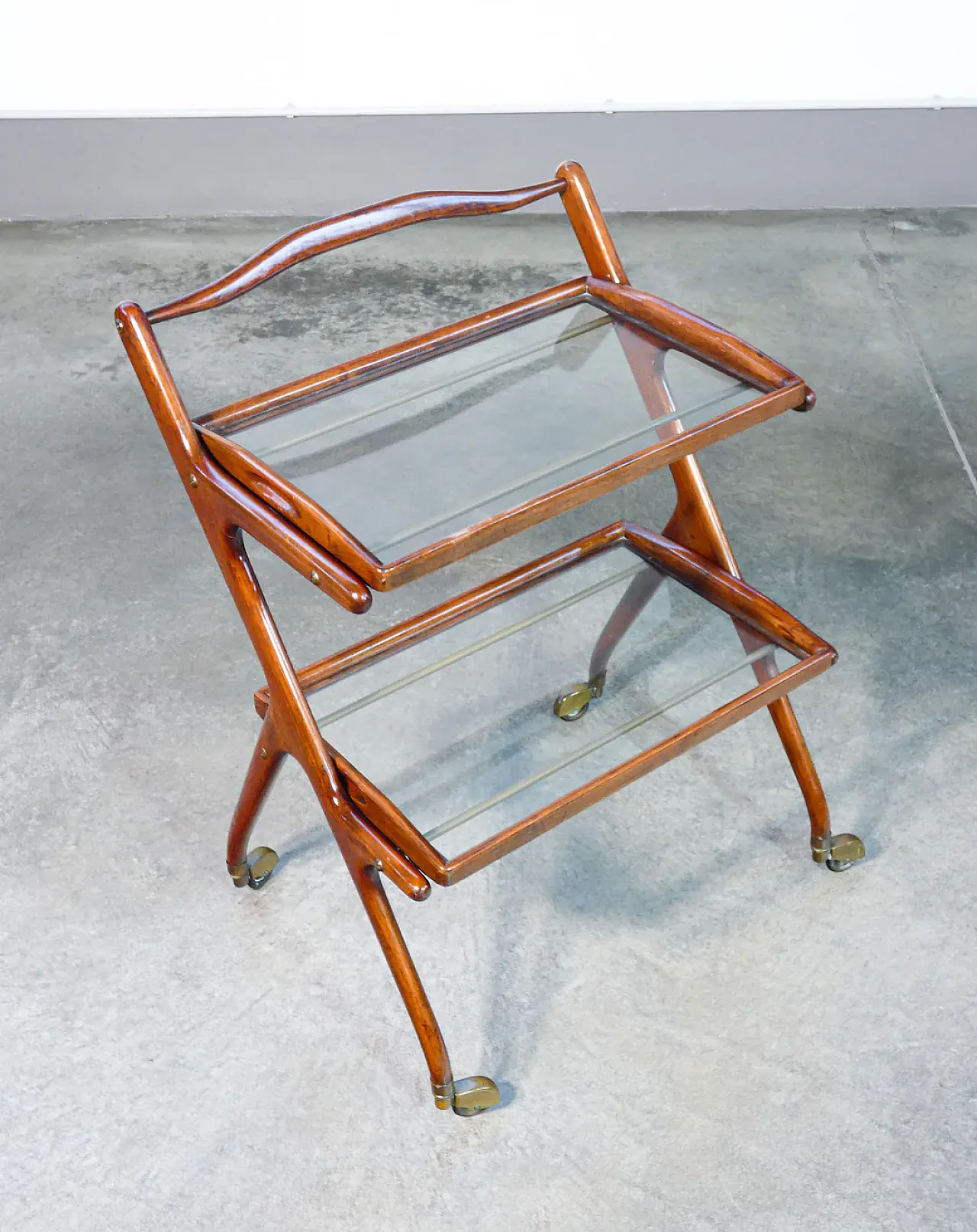 Carrello portavivande in legno, ottone e vetro di Ico Parise, anni '50 2