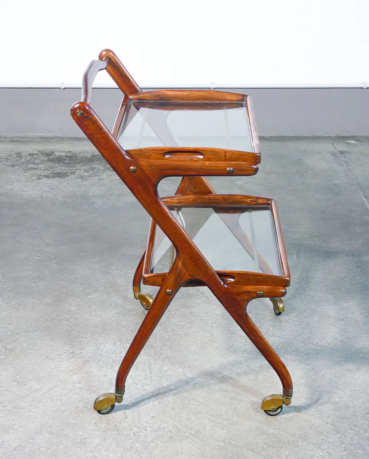 Carrello portavivande in legno, ottone e vetro di Ico Parise, anni '50 4