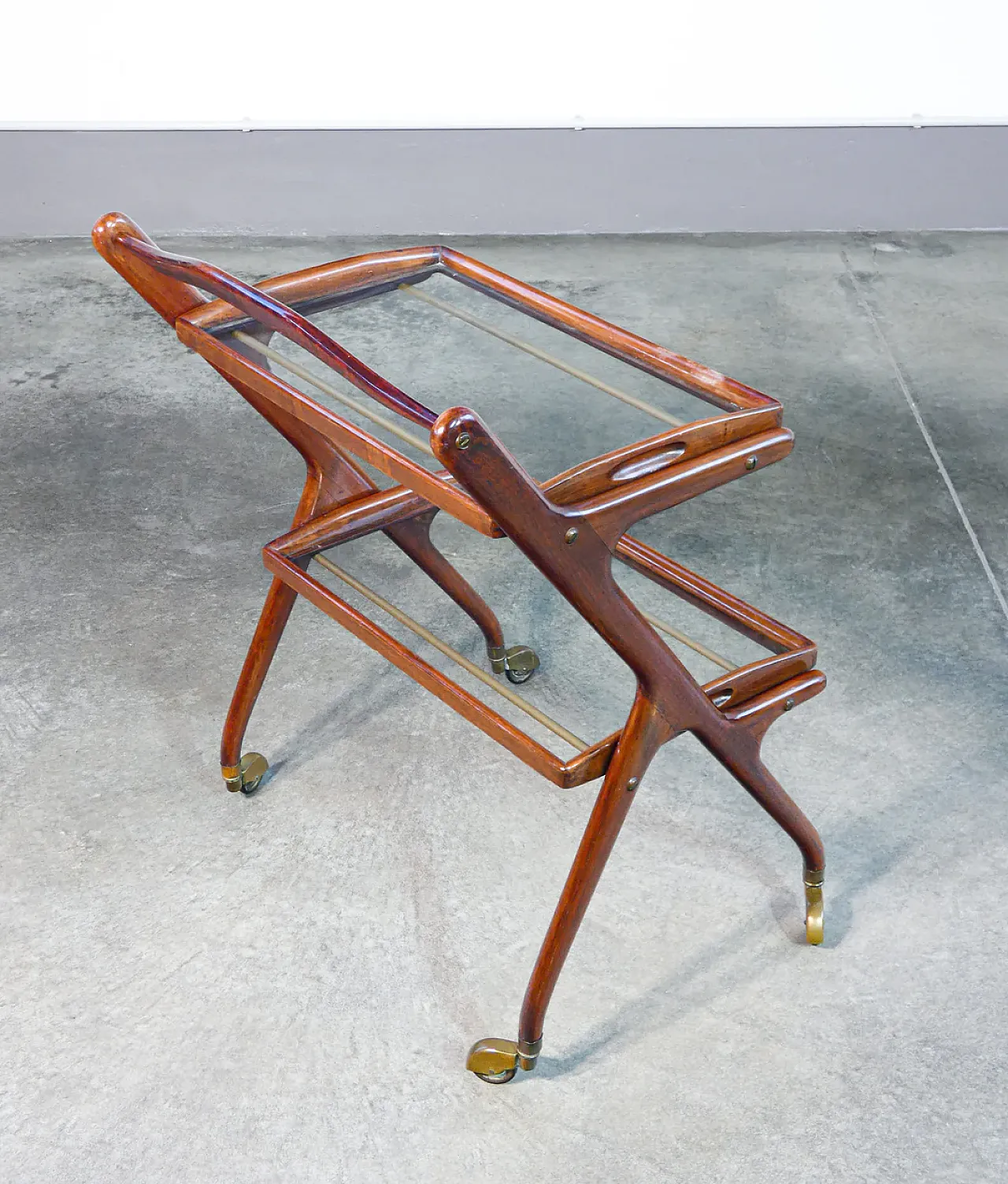 Carrello portavivande in legno, ottone e vetro di Ico Parise, anni '50 5