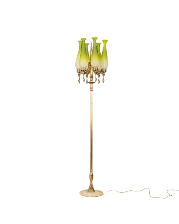 Lampada da terra in ottone e vetro verde, anni '50