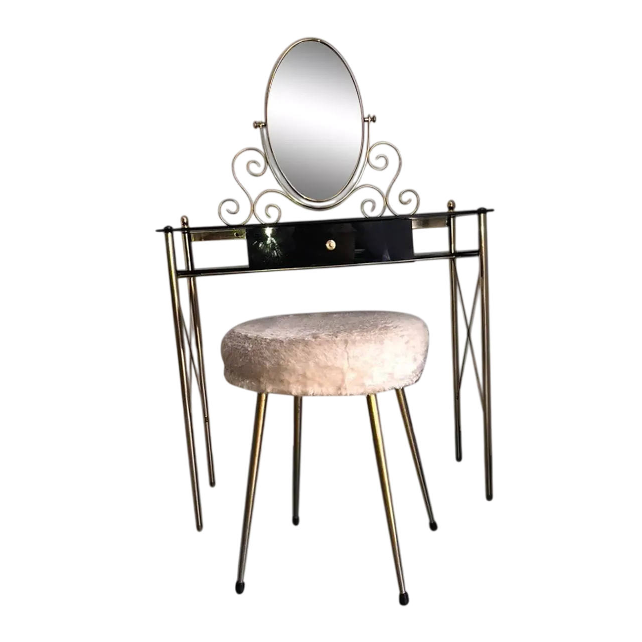 Toeletta in ottone, vetro e plastica nera con sgabello peloso, '900 21