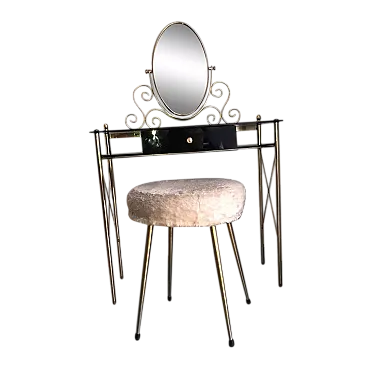 Brass, glass and black plexi vanity with furry stool, 20th century