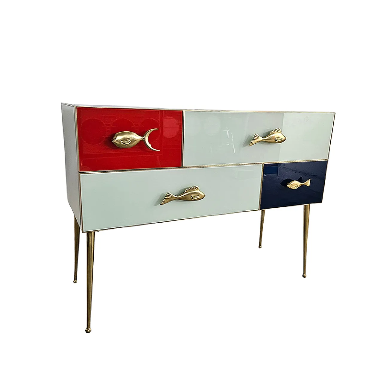 Comò rivestito in vetro rosso e bianco con maniglie a pesce, '900 3