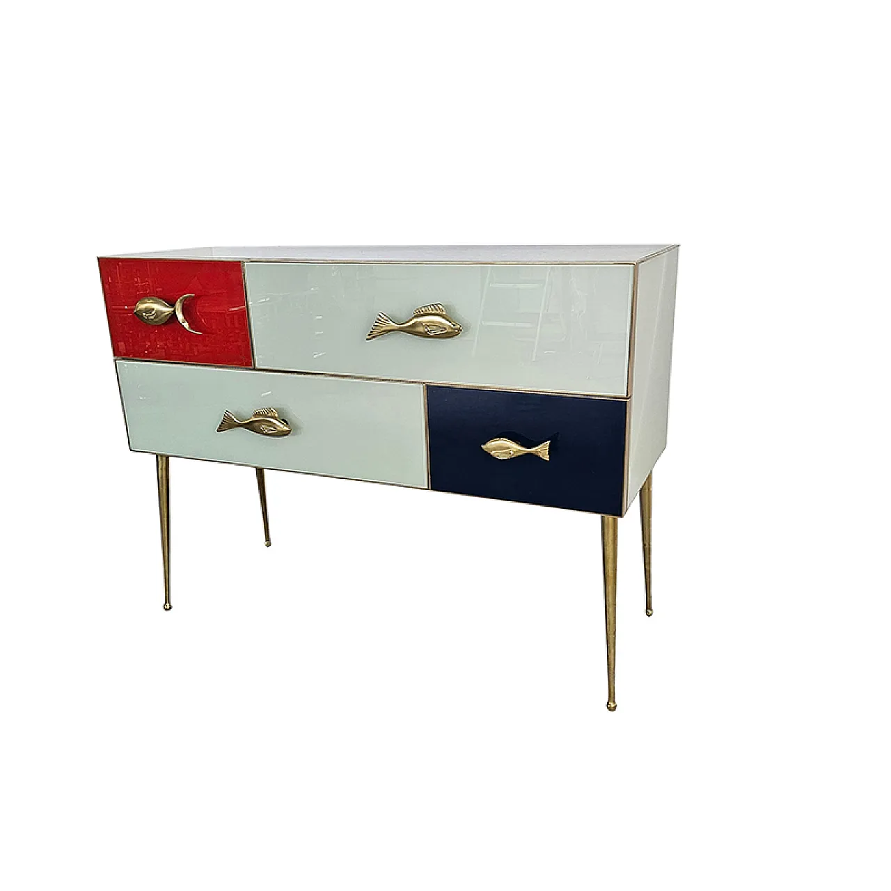 Comò rivestito in vetro rosso e bianco con maniglie a pesce, '900 5