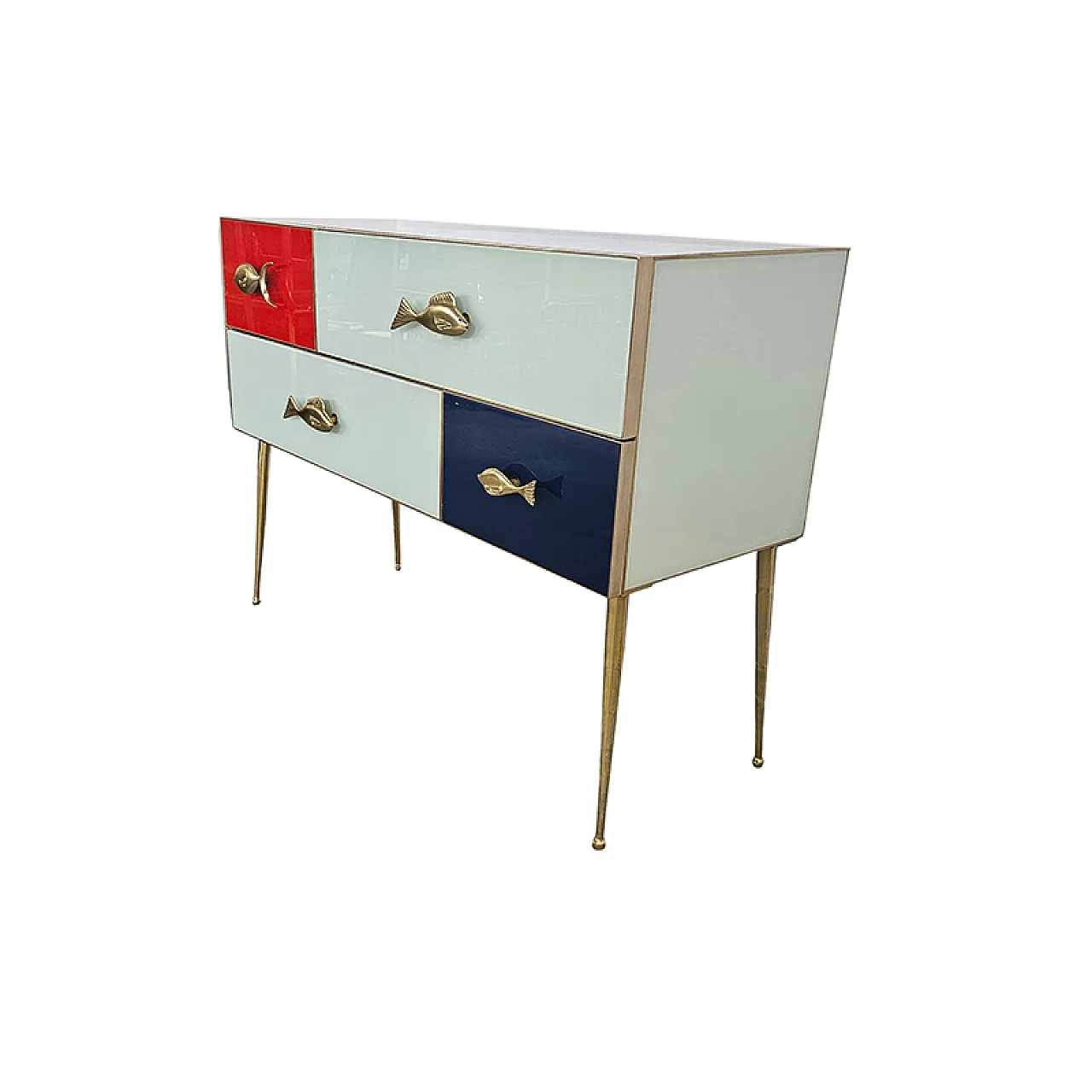 Comò rivestito in vetro rosso e bianco con maniglie a pesce, '900 6