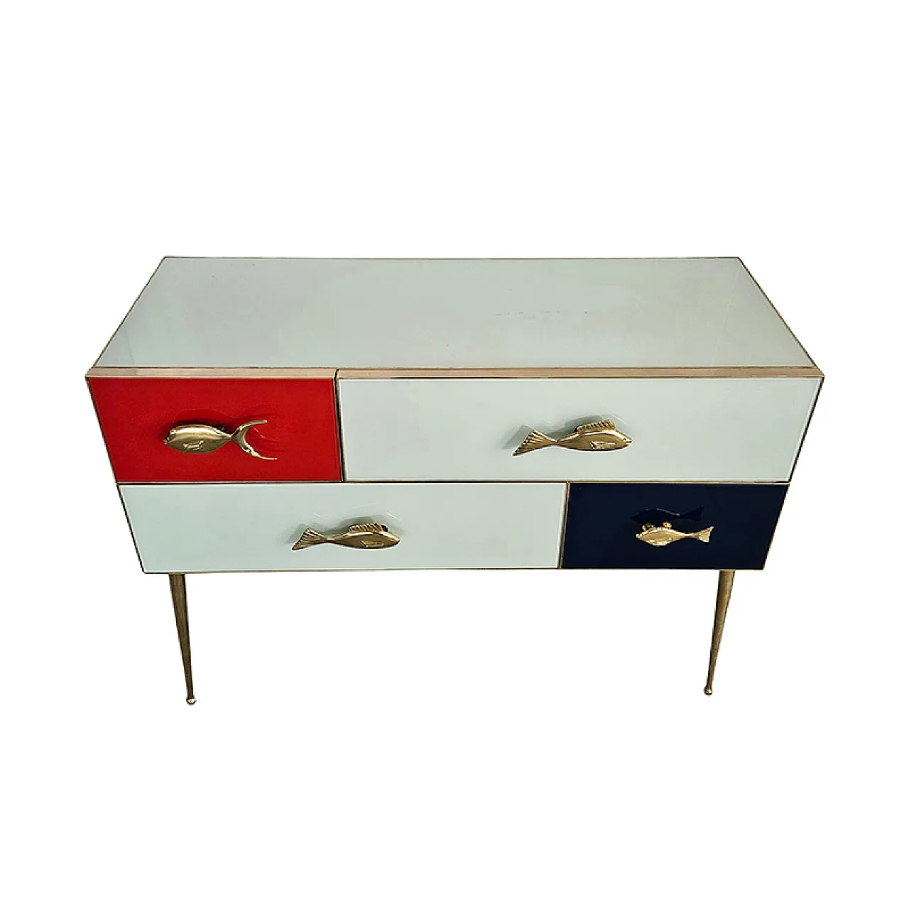 Comò rivestito in vetro rosso e bianco con maniglie a pesce, '900 7